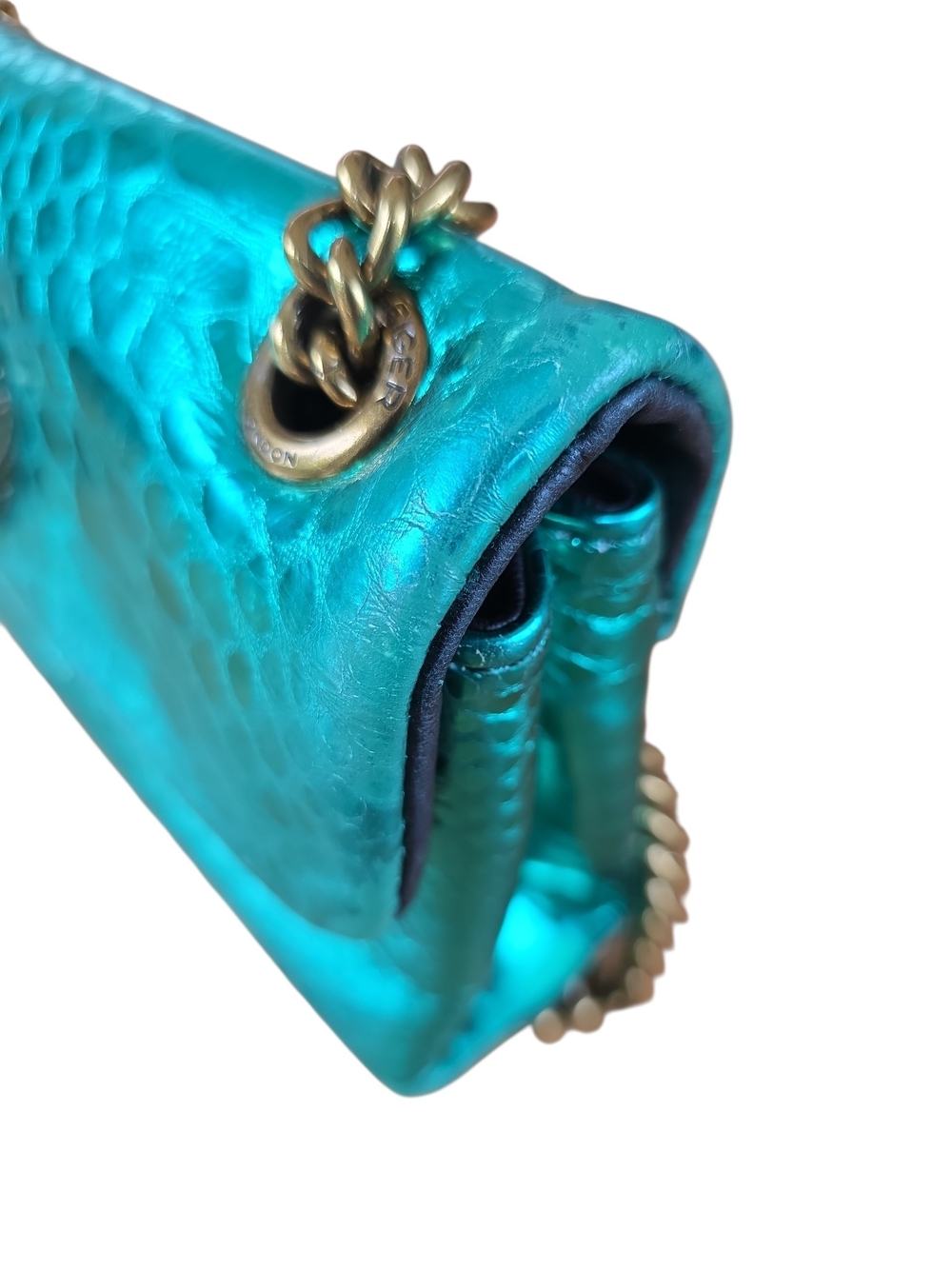 Kurt Geiger Turquoise Snake-Embossed Shoulder Bag with Gold Chain - Picture 9 of 15